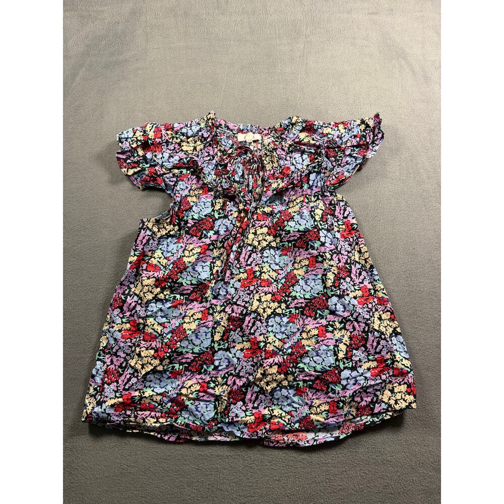 Avara Blouse Small Multicolor Floral Flutter Sleeve Tie Neck‎ Ruffle Top
